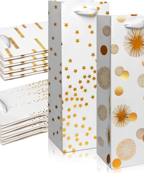 Carnation Wine Gift Bags - 12 Pack, Gold Foil, Perfect for Birthday, Baby Shower, Wedding, Graduation, Christmas & Thanksgiving (14 Inch)