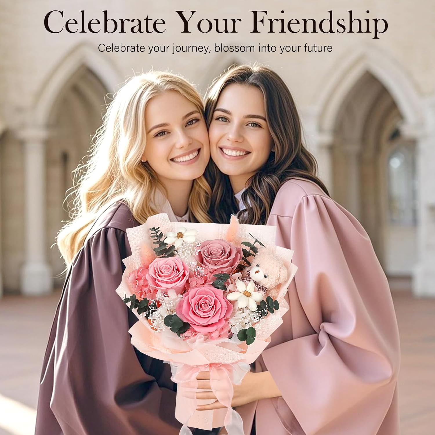 Preserved Flowers Bouquet with Bear, 3 Real Forever Flowers for Delivery, Long-Lasting Pink Eteranl Roses Bouquet Birthday Gifts for Women, Mother, Wife, Her