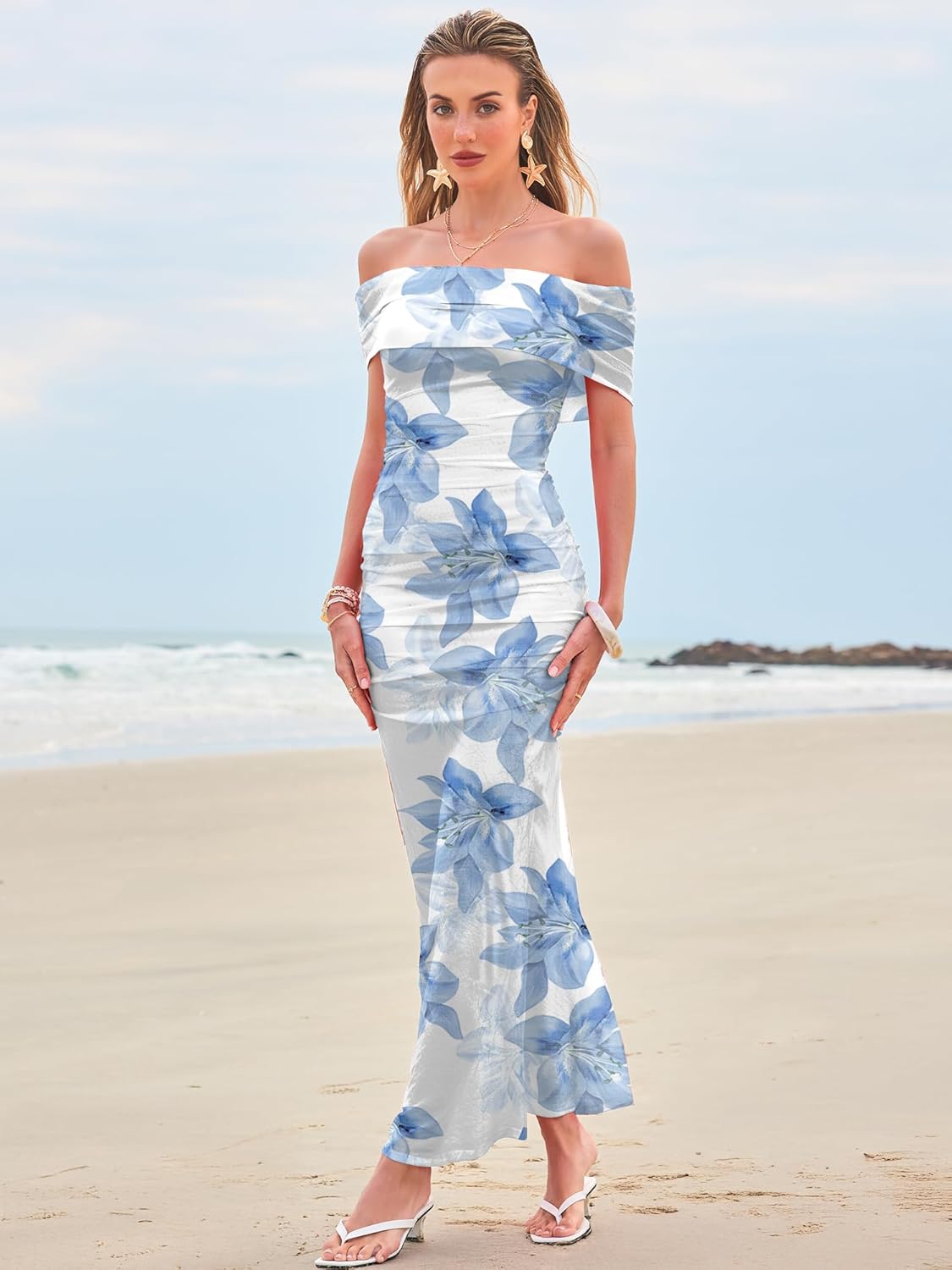 Wedding Guest Dresses for Women 2025 Floral Formal Cocktail Maxi Styles Off The Shoulder Stretch Sexy Bodycon Dress