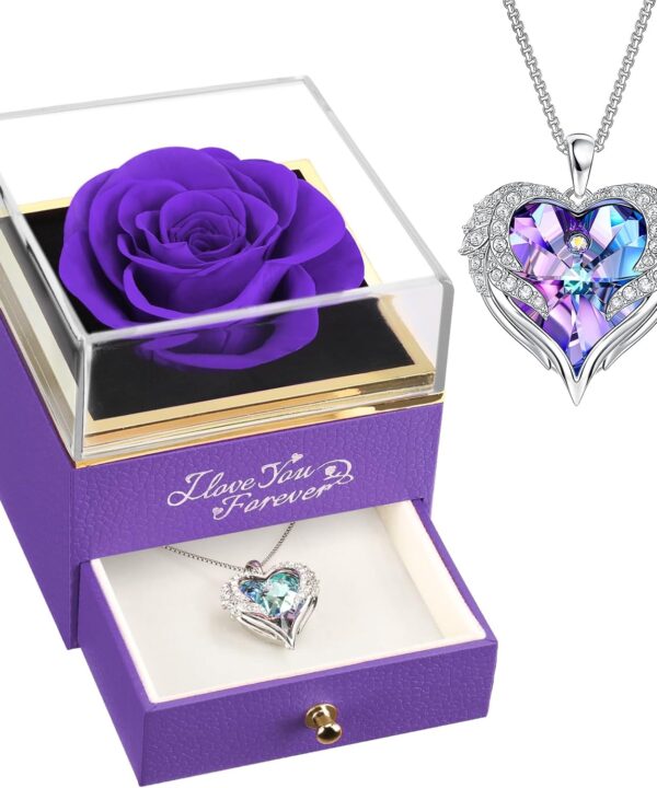NEWNOVE Preserved Real Purple Rose with Angle Wings Necklace, Christmas Flowers Gifts for Mom Grandma Wife Girlfriend, I Love You Gifts for Her, Anniversary or Birthday Gifts for Women