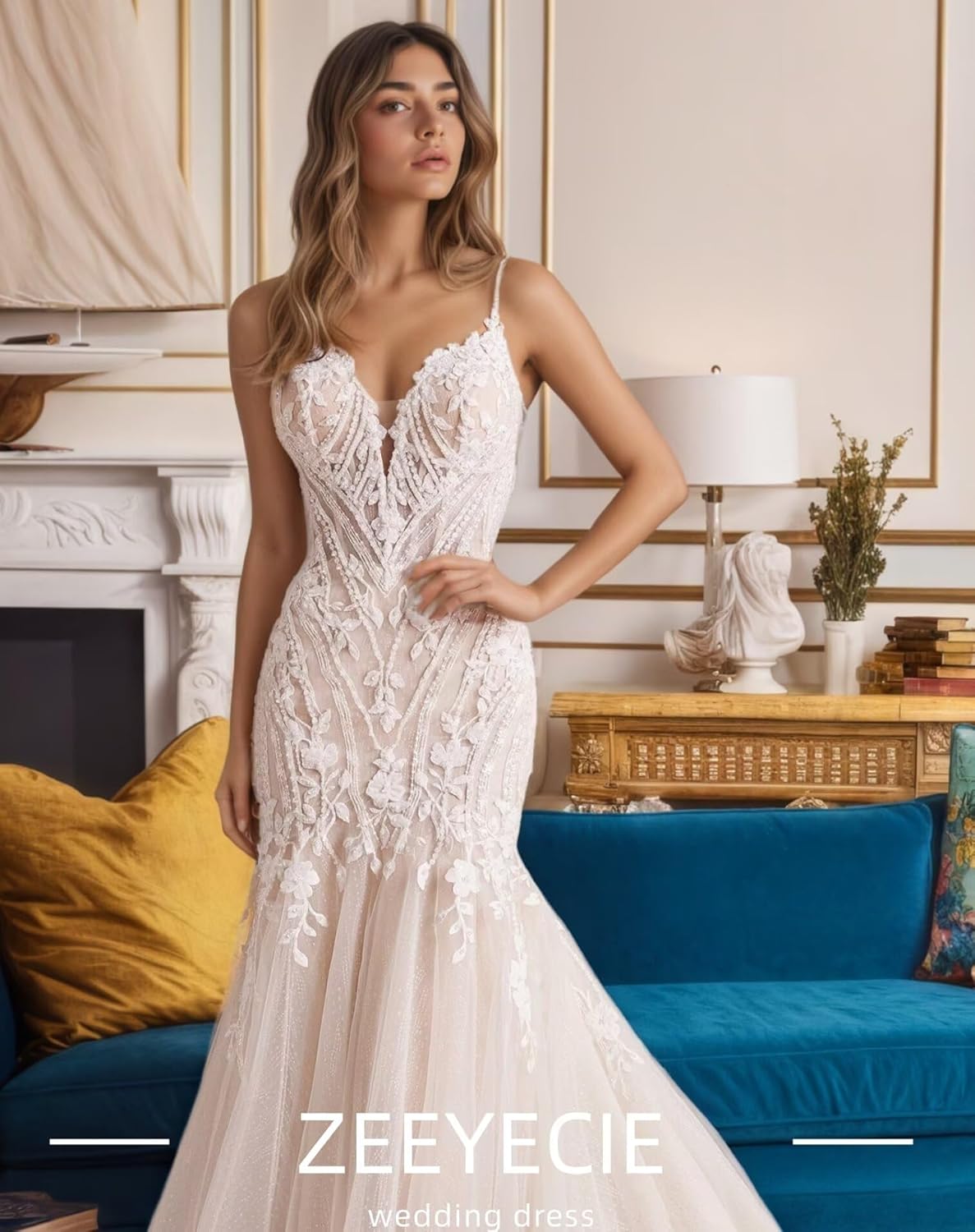 Zeeyecie Mermaid Tulle Wedding Dresses Lace Applique Corset V-Neck Sparkly Bridal Gowns with Train for Brides