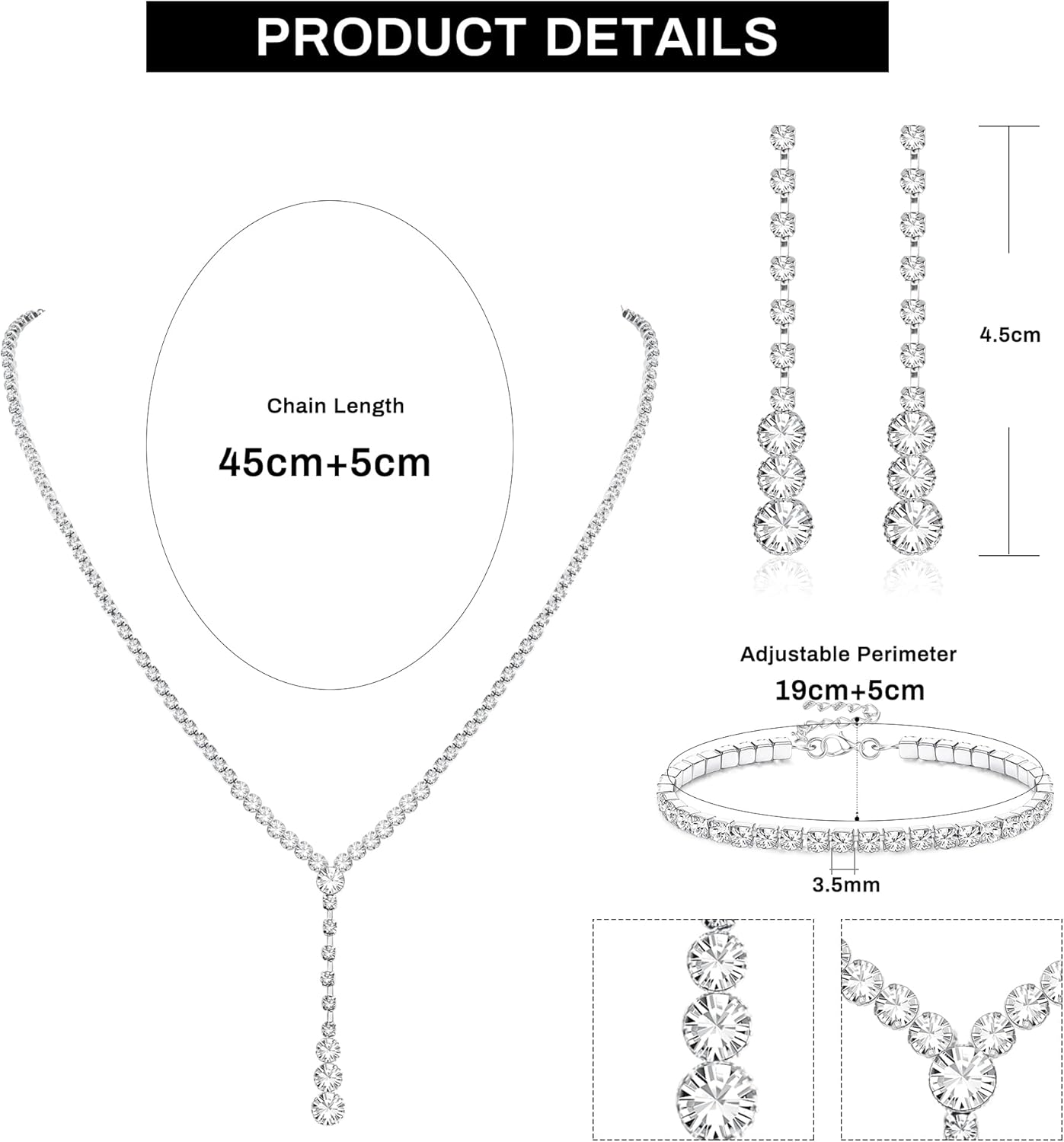 LOYALLOOK Crystal Silver Necklace and Earrings with Crystal Bracelet for Women Teardrop Dangle Earrings Rhinestone Necklace Bracelet for Bride Bridesmaid Crystal Bridal Wedding Party Jewelry Sets