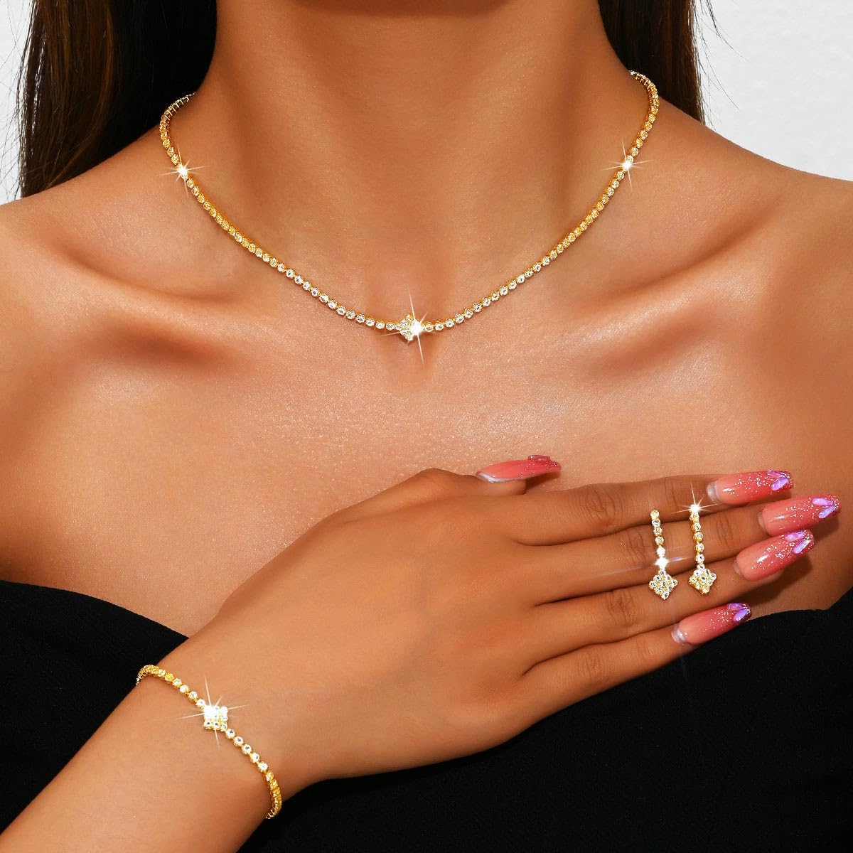 Aukmla Rhinestones Bridal Wedding Jewelry Sets Sparkly Necklace Earrings Bracelet Set Prom Formal Jewelry for Brides and Women