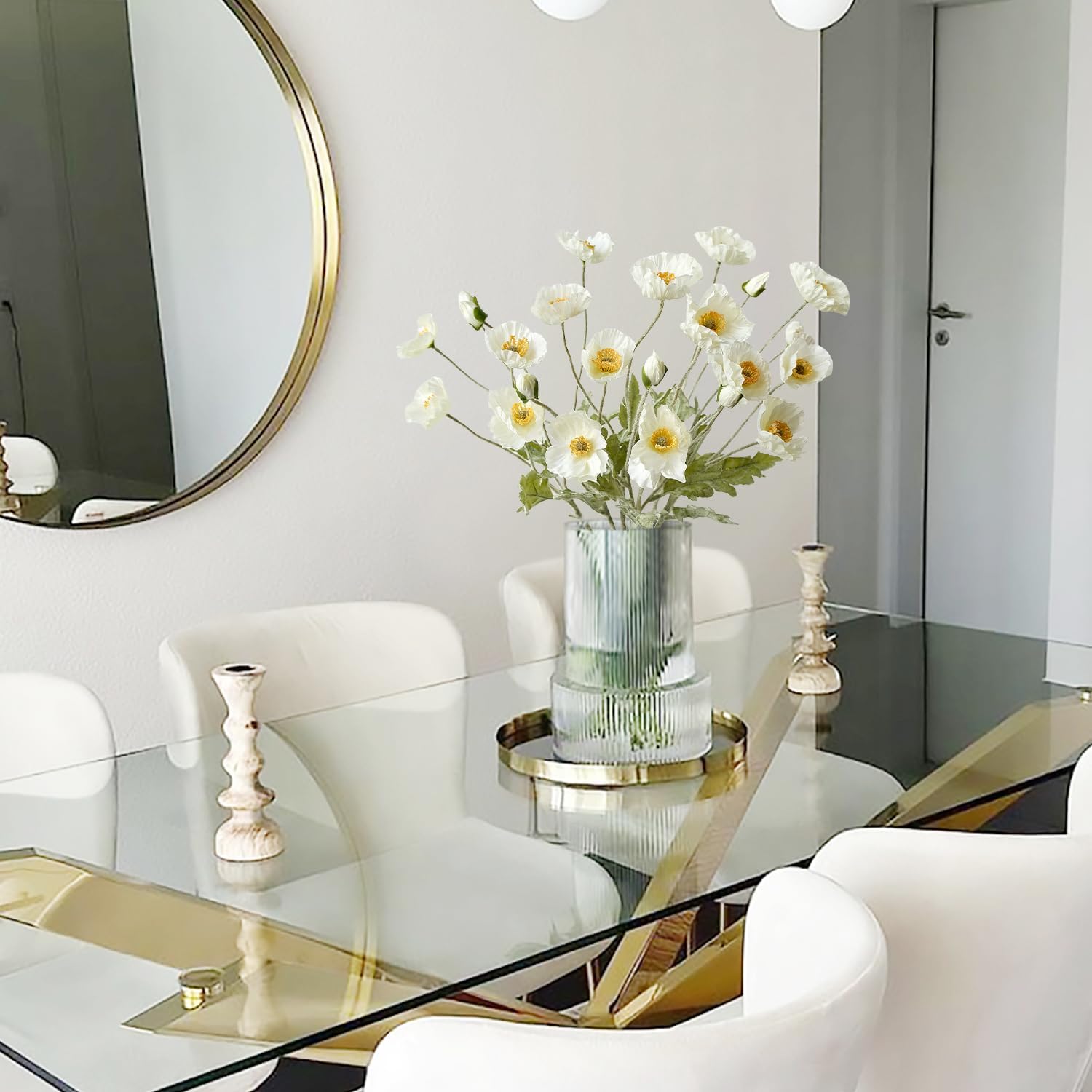 White Poppy Silk Flowers, 6pcs Lifelike Artificial Plants & Flowers, Faux Poppies Bouquet with Long Stems for Spring Kitchen Table Centerpiece Wedding Baby Shower Home Cemetery