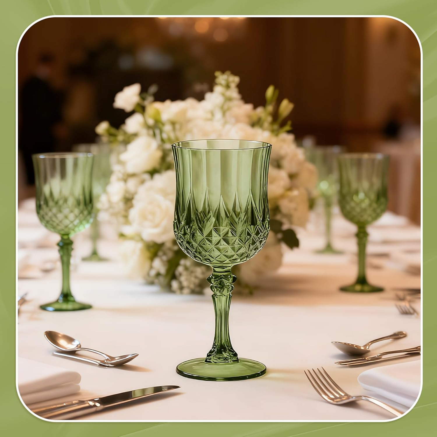 24PCS 7OZ Green Wine Plastic Glasses, Drinking Champagne Glasses Flutes Crystal Vintage Water Unbreakable Goblets for Wedding, Parties