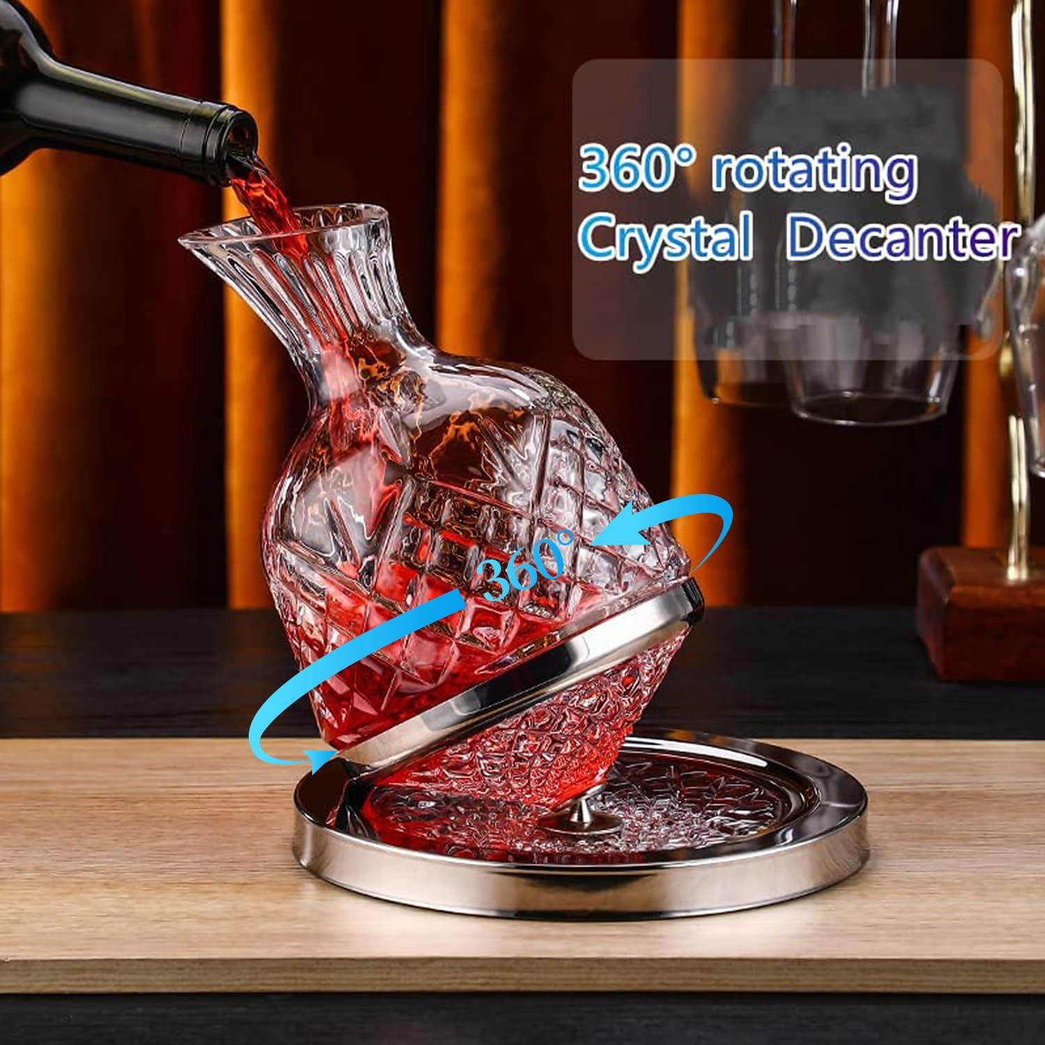 spinning wine decanter, 45 oz crystal rotating wine decanter with gift box, for wedding gift, birthday, banquet, supper
