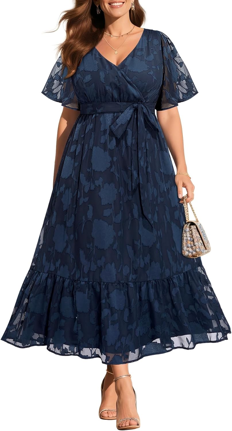 Pinup Fashion Plus Size Dresses for Wedding Guest - 2025 Cocktail Semi Formal Summer Wrap V Neck Maxi Dress