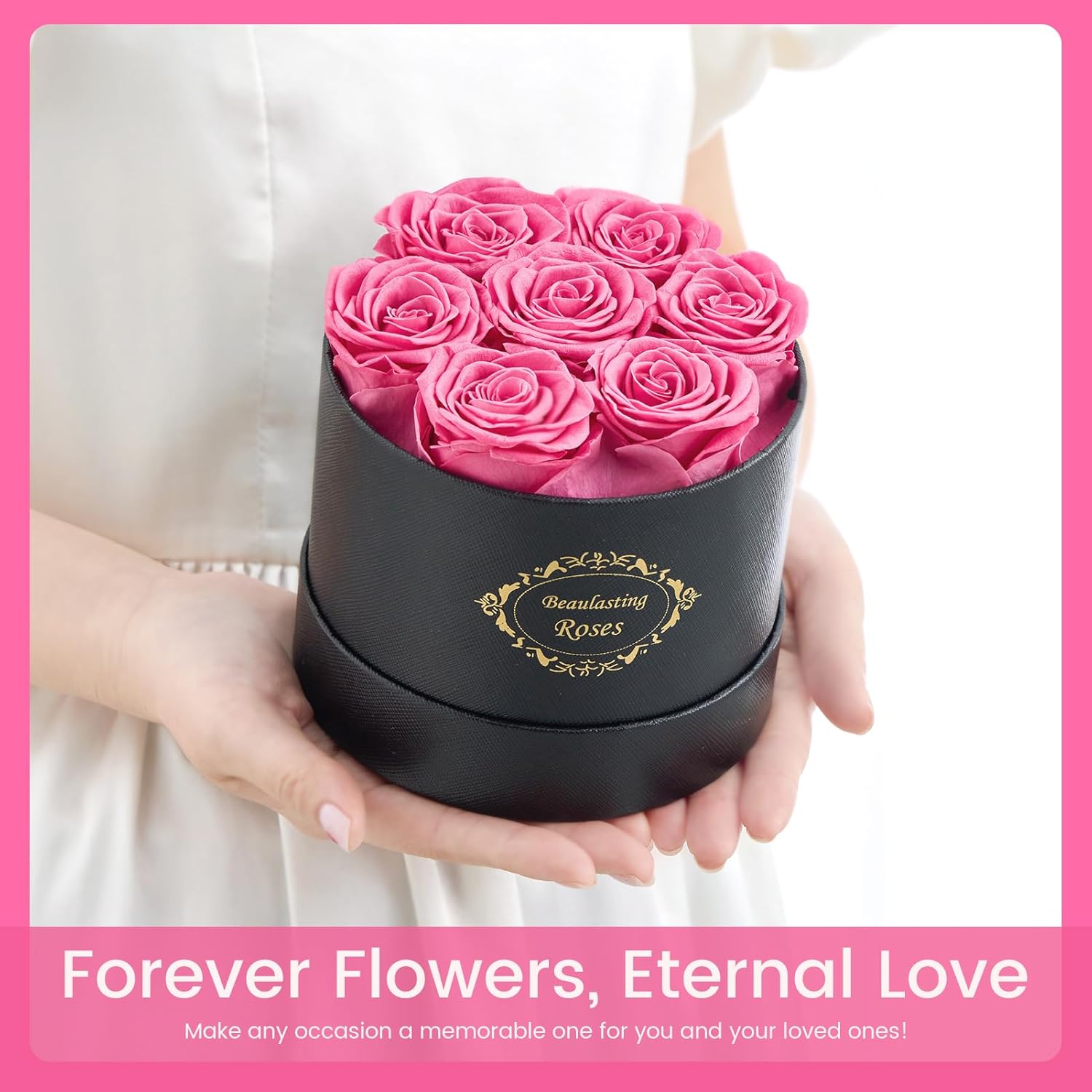 Beaulasting Long Lasting Preserved Roses in a Box Last a Year Forever Flowers for Her Mom Wife Anniversary Birthday (Round Black Box, Pink)