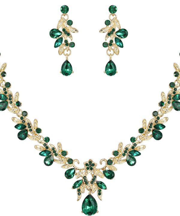 BriLove Women's Wedding Jewelery Set Leaf Flower Crystal Teardrop Marquise Cluster Pendant Necklace Dangle Earrings for Bridal Party