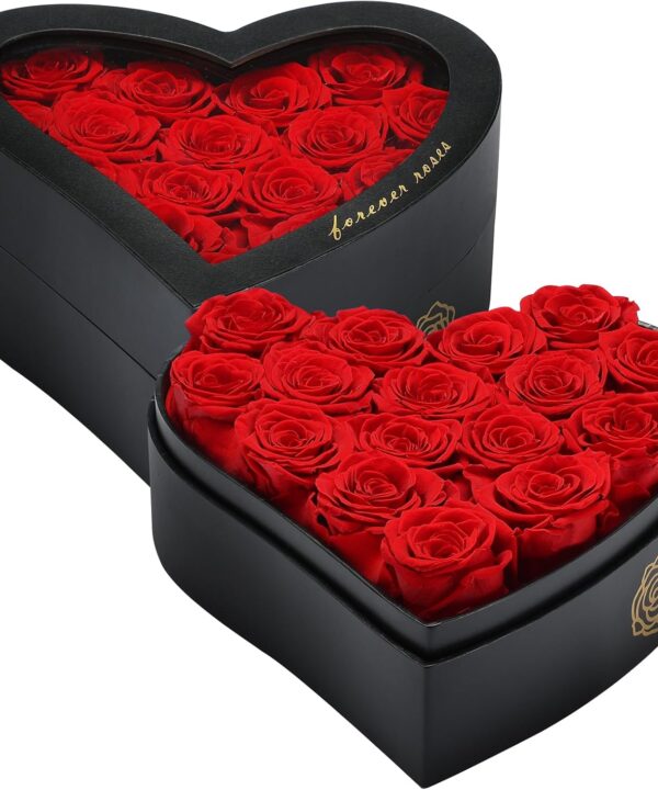 16 Forever Flowers in Heart Shaped Box - Preserved Roses Romantic Gifts for Her, Valentine’s Day, Anniversary, Wedding (Red)