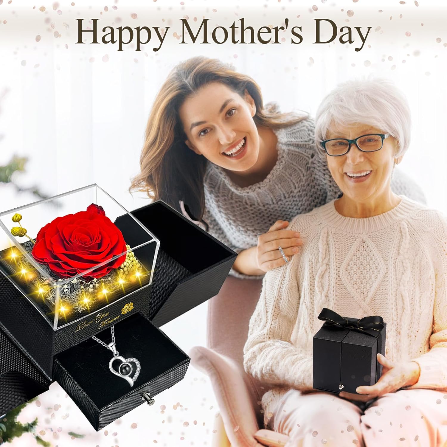 Preserved Real Rose-Eternal Flowers Rose Mothers Day for Mom Women Her Wife Girlfriend on Birthday Valentines with I Love You Necklace 100 Languages Romantic Gift