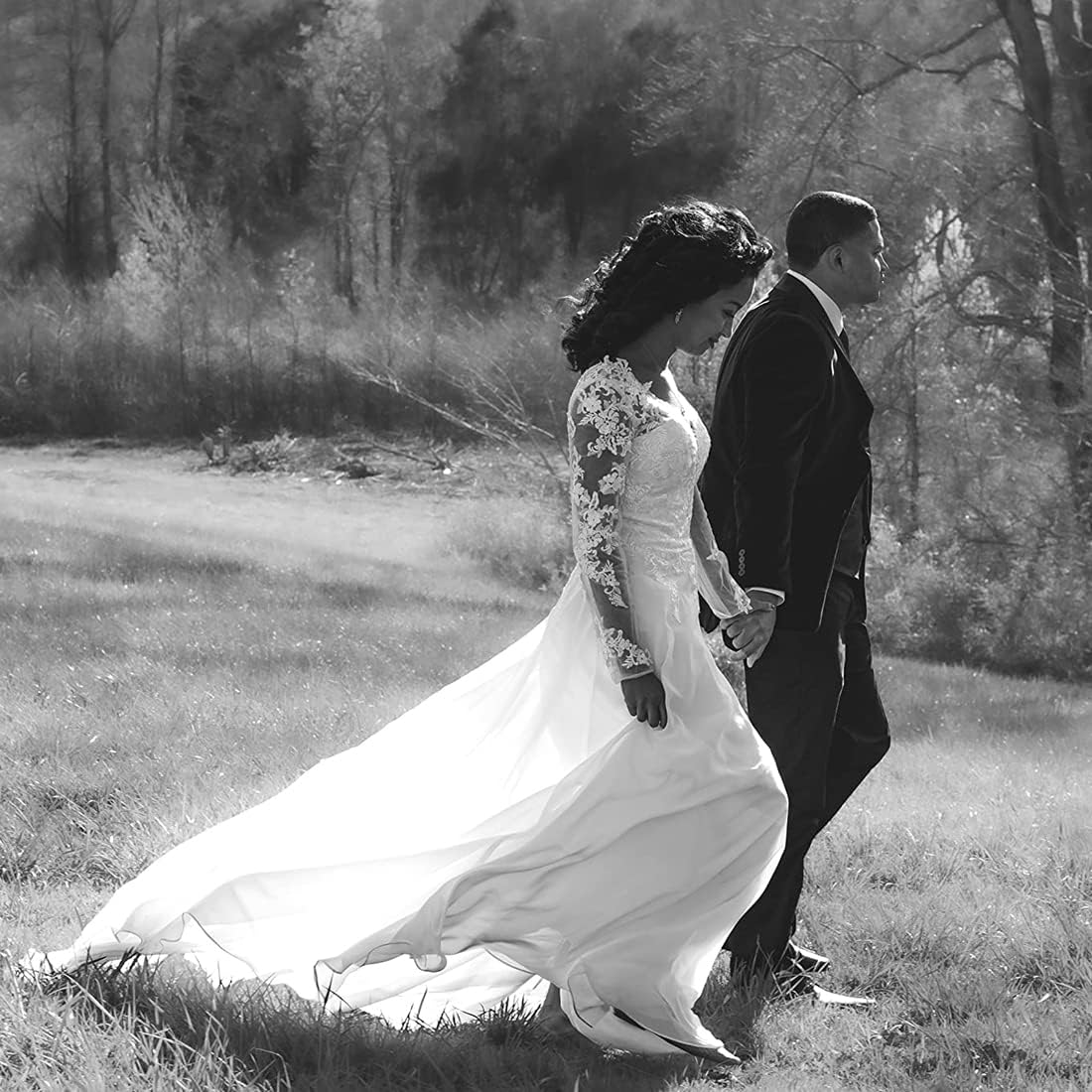 Wedding Dresses for Bride with Lace Appliques Chiffon A Line Women Dress Long Sleeves Beach Bride Dress