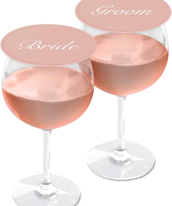 Drink Tops™ Wedding WINE GLASS COVERS - 2/PK - Bride/Groom - Blush Rose