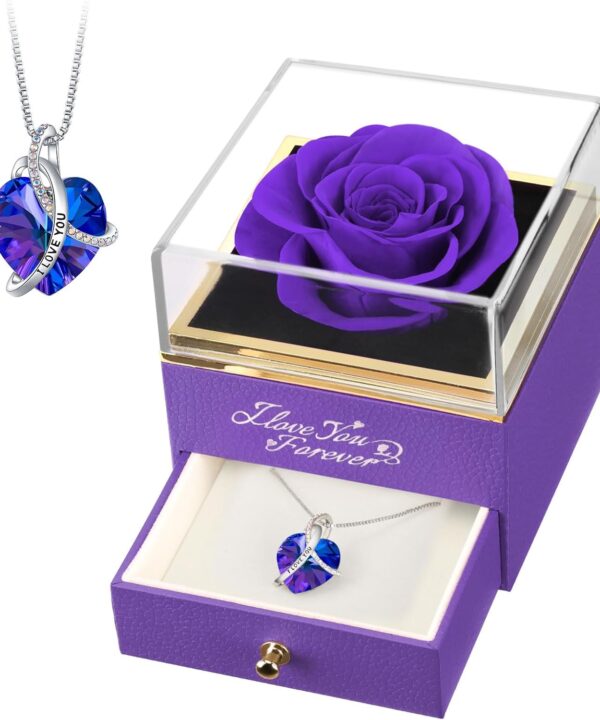 EleShow Preserved Real Purple Rose with Heart Necklace, Eternal Flowers Gifts for Mom Grandma Wife Girlfriend on Christmas, Valentines, Mothers Day, Anniversary, Birthday, I Love You Gifts for Her