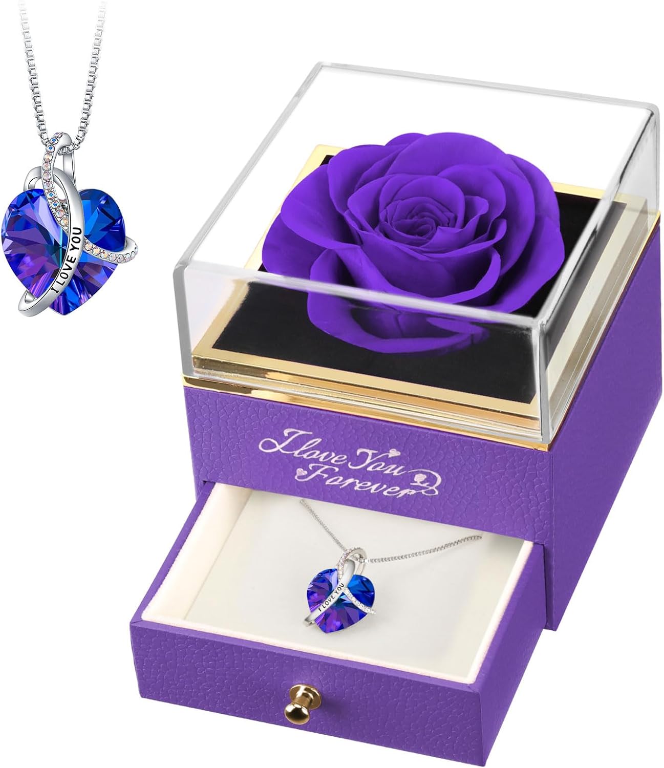 EleShow Preserved Real Purple Rose with Heart Necklace, Eternal Flowers Gifts for Mom Grandma Wife Girlfriend on Christmas, Valentines, Mothers Day, Anniversary, Birthday, I Love You Gifts for Her