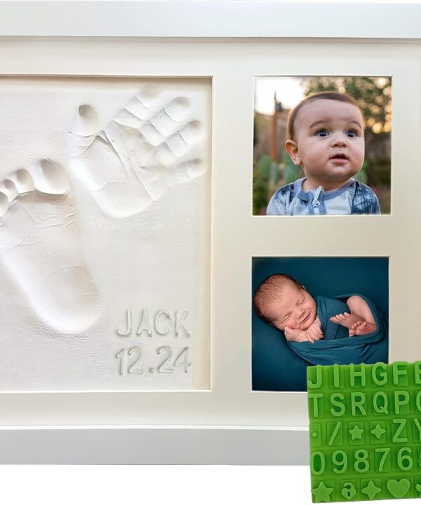 Baby Hand & Footprint Frame Keepsake Kit | Capture Milestone Moments with Safe Clay, Stencil Set & Wood Frame | Perfect Newborn Gift for Baby Showers | White