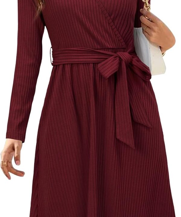 Newshows Womens 2025 Fall Dresses Teacher Church Business Casual Work Outfits Knit Midi Sweater Pockets Belt Dress
