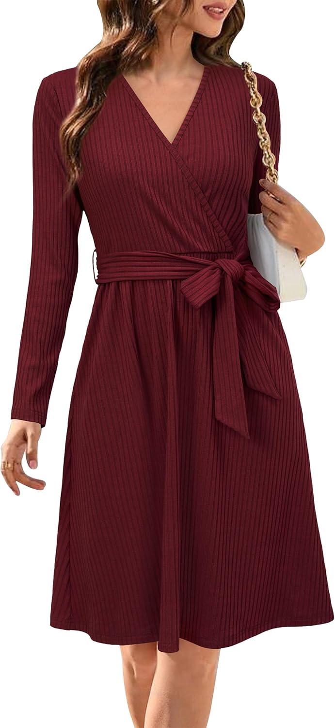 Newshows Womens 2025 Fall Dresses Teacher Church Business Casual Work Outfits Knit Midi Sweater Pockets Belt Dress