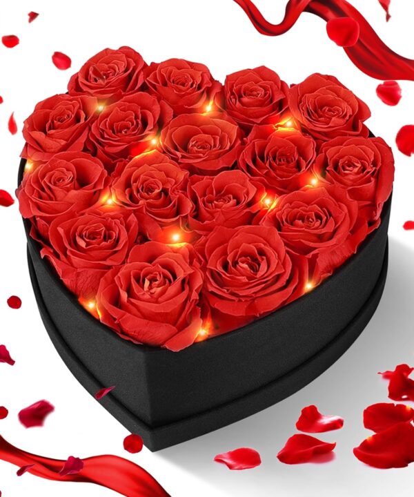 16 Forever Flowers, 9.2 inch Preserved Flowers in Heart Shape Box with Lights, Fresh Preserved Roses Gift for Her, Eternal Roses Gifts for Women Wife Birthday Mothers Day, Valentines Day Anniversary