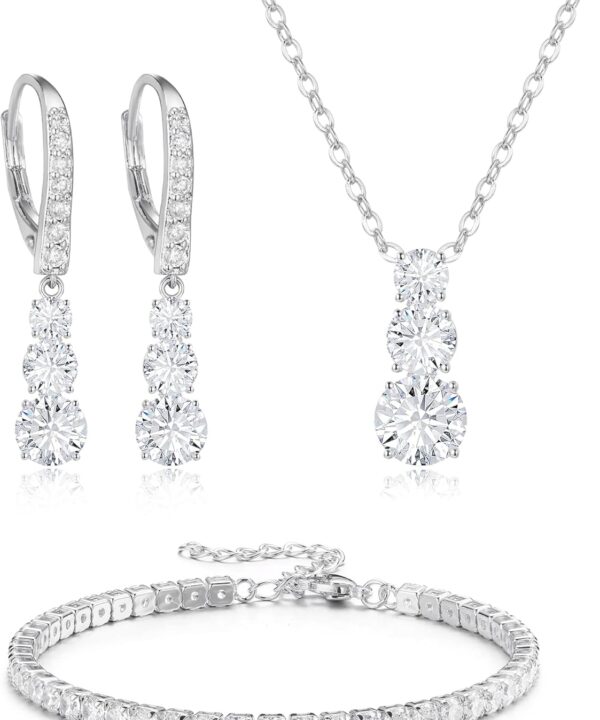 Crysdue Cubic Zirconia Jewelry Set for Women Bridesmaid, Classic Round Cut Drop Lightweight Lever Back Earrings Pendant Necklace Tennis Bracelet for Wedding Prom Party