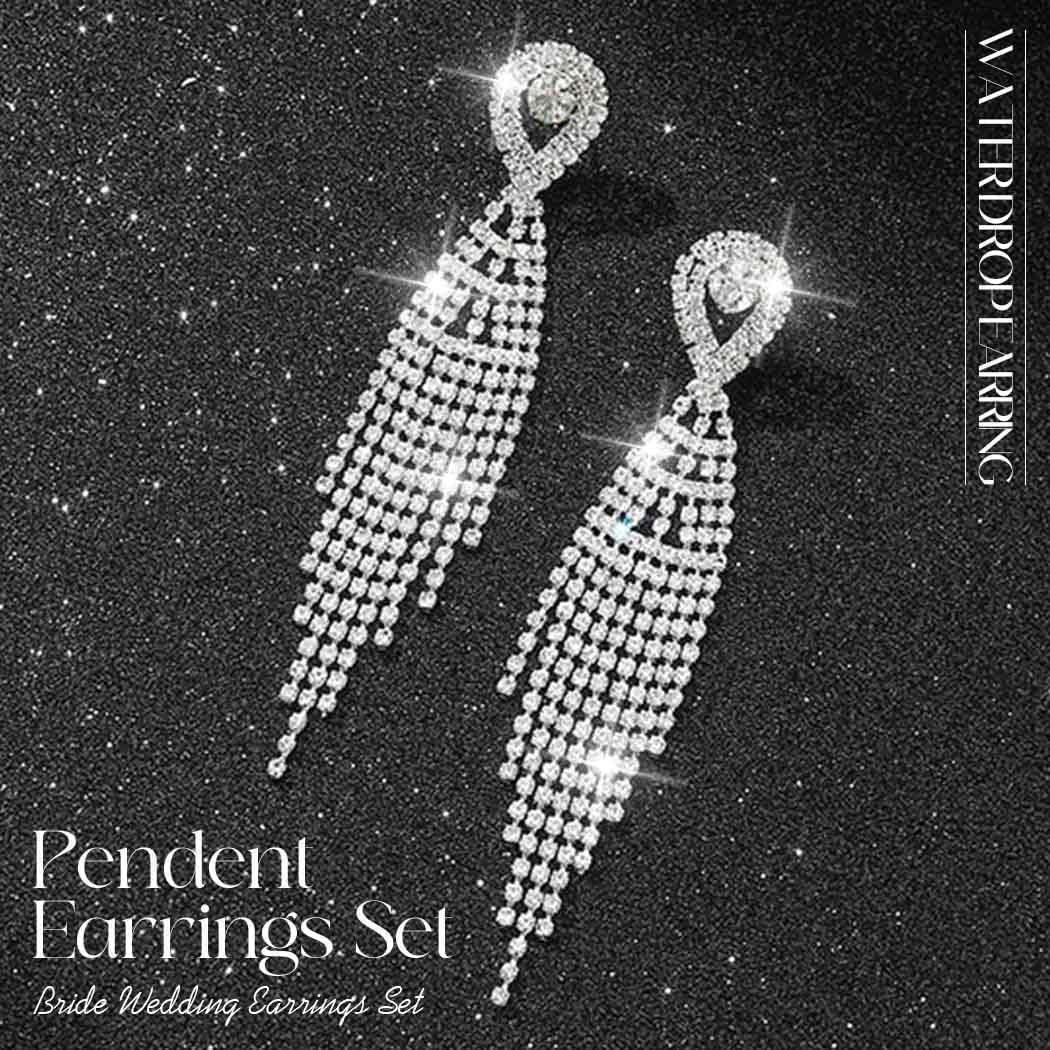 Unicra Long Tassel Rhinestone Earrings Silver Diamond Dangle Earrings Jewelry Sets Crystal Bridal Wedding Earrings Accessories for Women and Brides