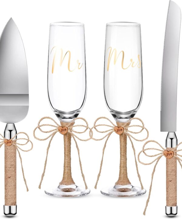 Boao 4 Piece Wedding Toasting Flutes and Cake Server Set Champagne Glasses and Cake Knife Server Set with Burlap Bow Mr and Mrs Flute Wedding Reception Supplies