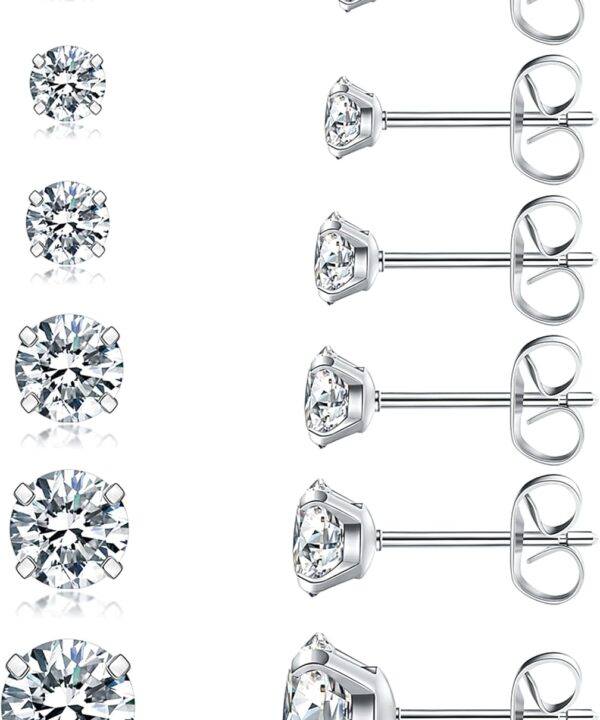 6 Pairs Stud Earrings Set, Hypoallergenic Cubic Zirconia 316L Earrings Stainless Steel CZ Earrings 3-8mm (Steel color)