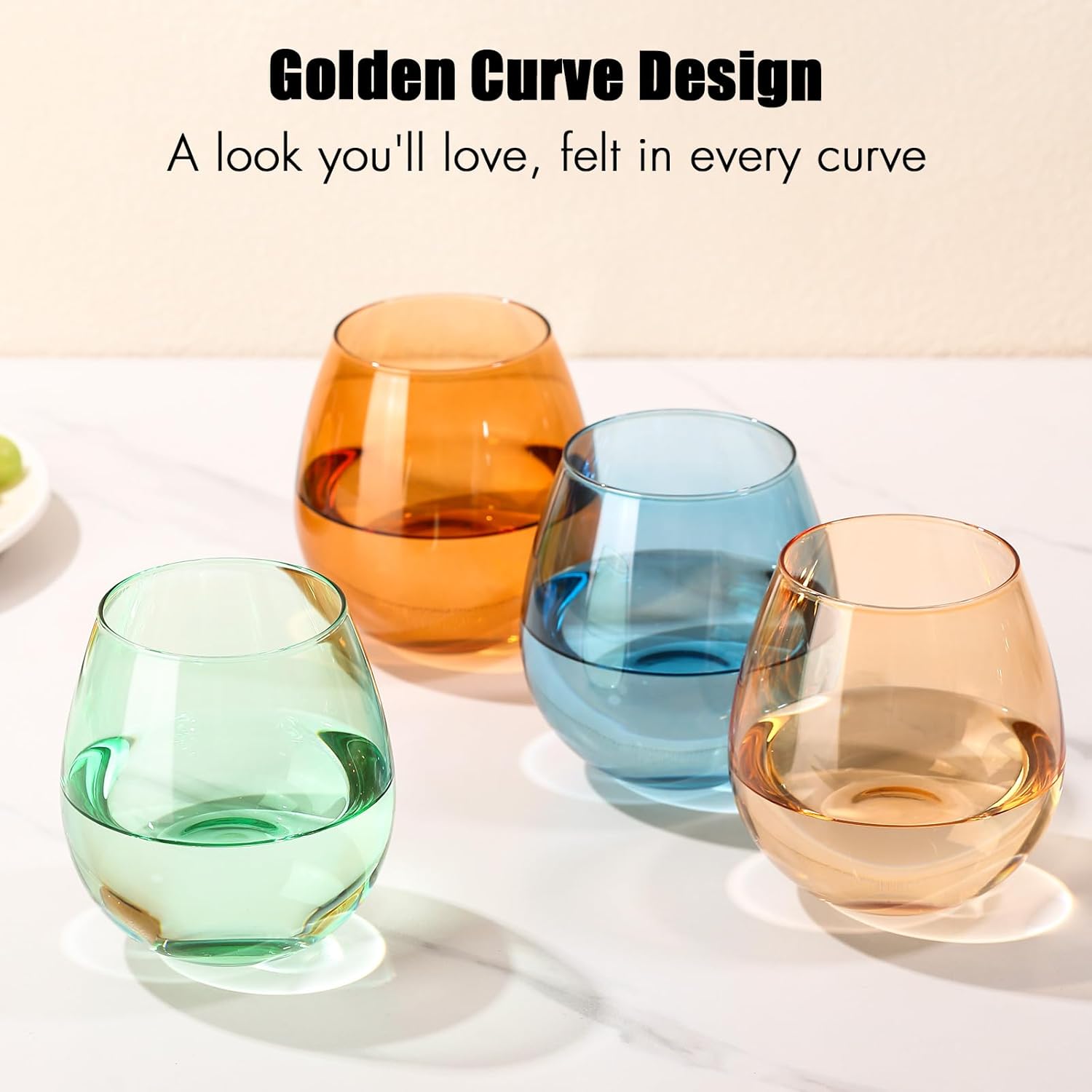 Colored Stemless Wine Glasses Set of 6-15 oz Hand-Blown Crystal Colored Glassware, Multicolor Drinking Glasses, Wedding, Birthday, Christmas, Housewarming Gifts for Women