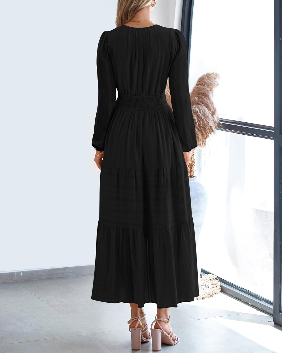 BTFBM Fall Dresses for Women 2025 Casual Long Sleeve V Neck Elastic Waist Lightweight Maxi Wedding Guest Dress Pockets