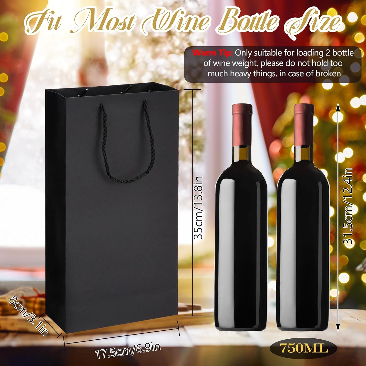 12 Pack 2 Bottles Wine Carrier Tote Holders, Black Paper Wine Champagne Gift Bottle Carrying Bags with Handles for Christmas Business Wedding Baby Shower