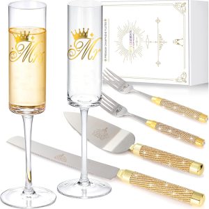 Wedding Champagne Flutes and Cake Knife Server Set, Gold Bride and Groom Champagne Glasses and Cake Cutting Set for Wedding Gifts 2024 (Gold)