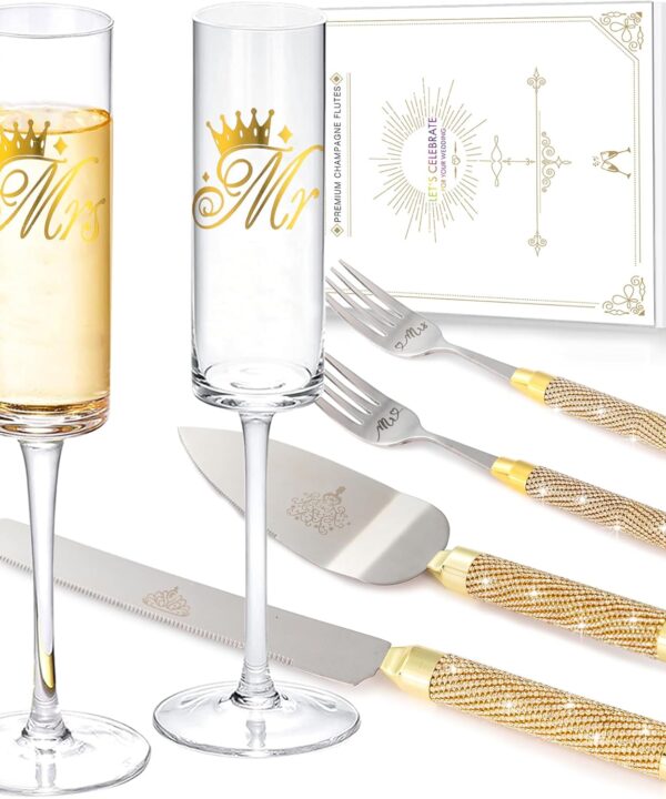 Wedding Champagne Flutes and Cake Knife Server Set, Gold Bride and Groom Champagne Glasses and Cake Cutting Set for Wedding Gifts 2024 (Gold)