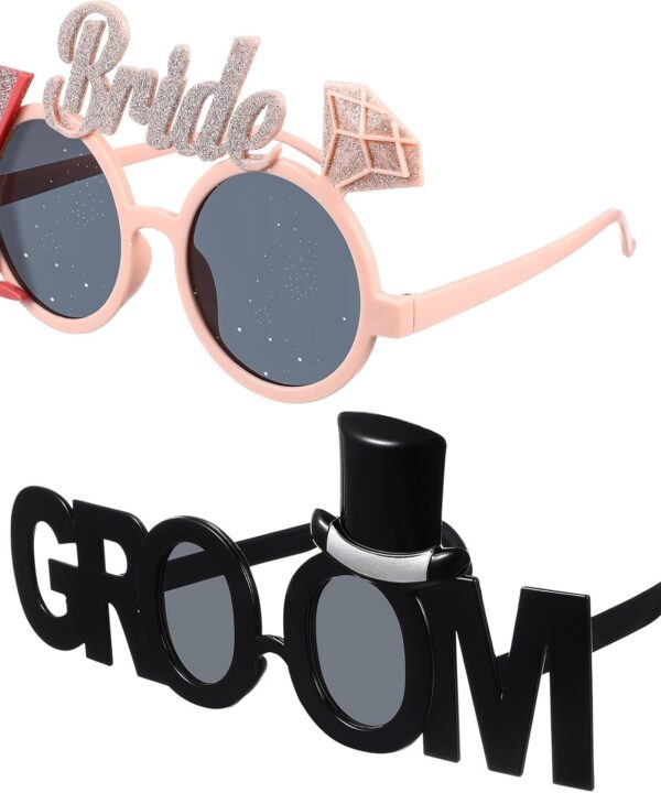 Gadpiparty 2Pcs Groom Bride Party Sunglasses Funny Glitter Party Glasses Fancy Dress Props for Wedding Hen Party Bridal Shower Bachelorette Party Decoration