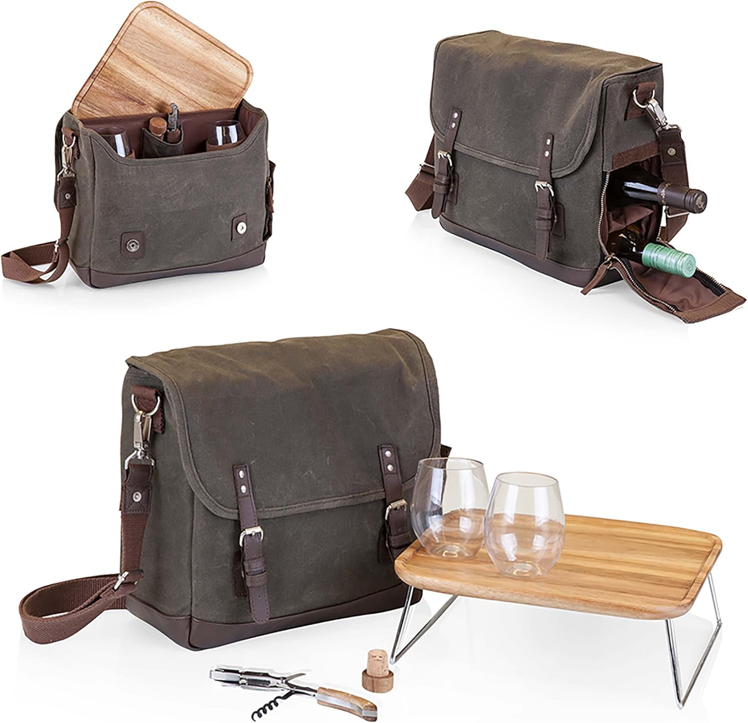 LEGACY – a Picnic Time Brand Adventure Wine Tote Bag with Wine Glasses and Mini Table, Khaki Green/Brown