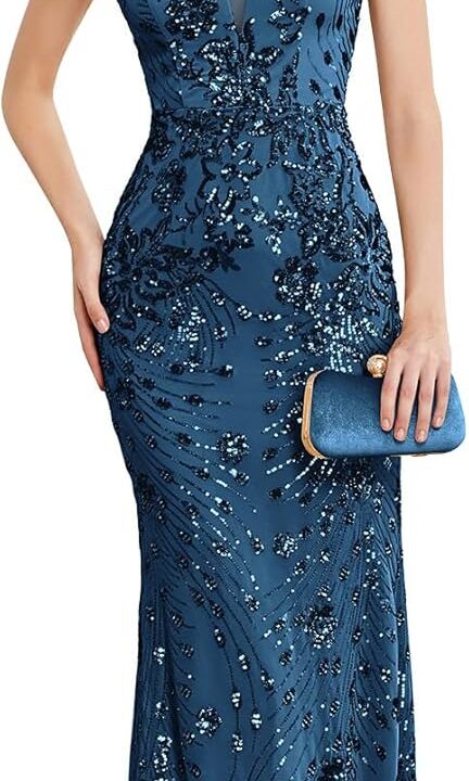 Womens Sequined Long Evening Gown Glamous Sleeveless V-Neck Mermaid Prom Dress for Wedding Party Club Occasions