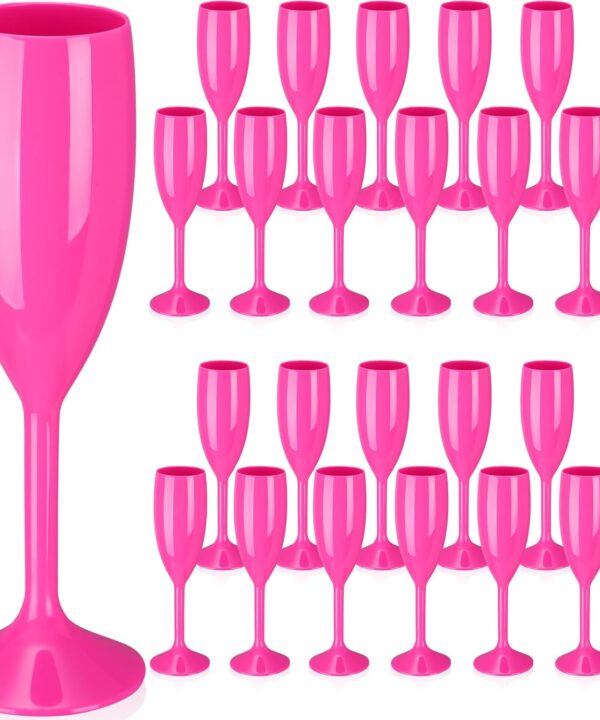 Maxcheck 24 Pcs Champagne Flutes Bulk Acrylic Toasting Drinking Flute Goblet Champagne Cups, 6 oz Plastic Wine Glasses for Wedding Bachelorette Bridal Shower Anniversary Birthday Party (Hot Pink)