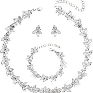 Bridal Wedding Crystal Leaf Choker Necklace Dangle Earring Bracelet Brides Bridesmaid Jewelry Set for Women