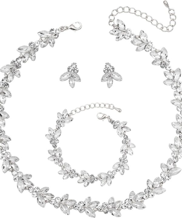 Bridal Wedding Crystal Leaf Choker Necklace Dangle Earring Bracelet Brides Bridesmaid Jewelry Set for Women