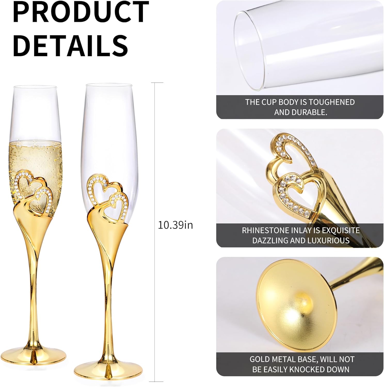 4 Piece Champagne Flutes and Cake Knife Server Set, Bride & Groom Toasting Flutes with Cake Cutting Set, Diamond Champagne Glasses Set for Wedding Reception or Anniversary Party, House Warming, Gold