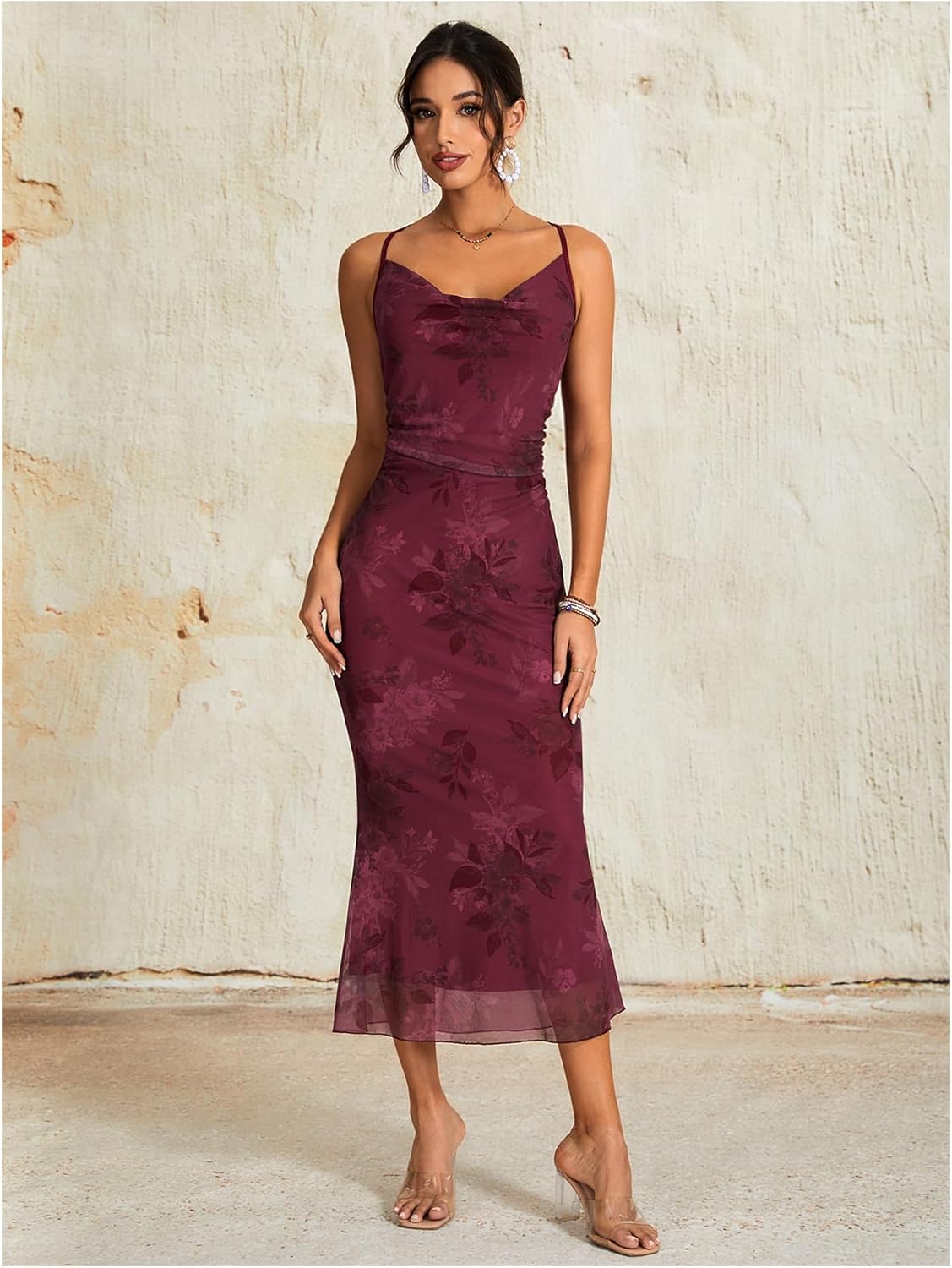 Milumia Women’s Floral Cowl Neck Bodycon Maxi Dress Mesh Long Dresses Cocktail Party Fall 2025