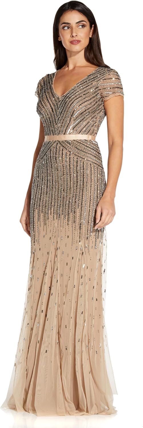 Adrianna Papell Womens Long Beaded V-Neck Dress with Cap Sleeves and Waistband