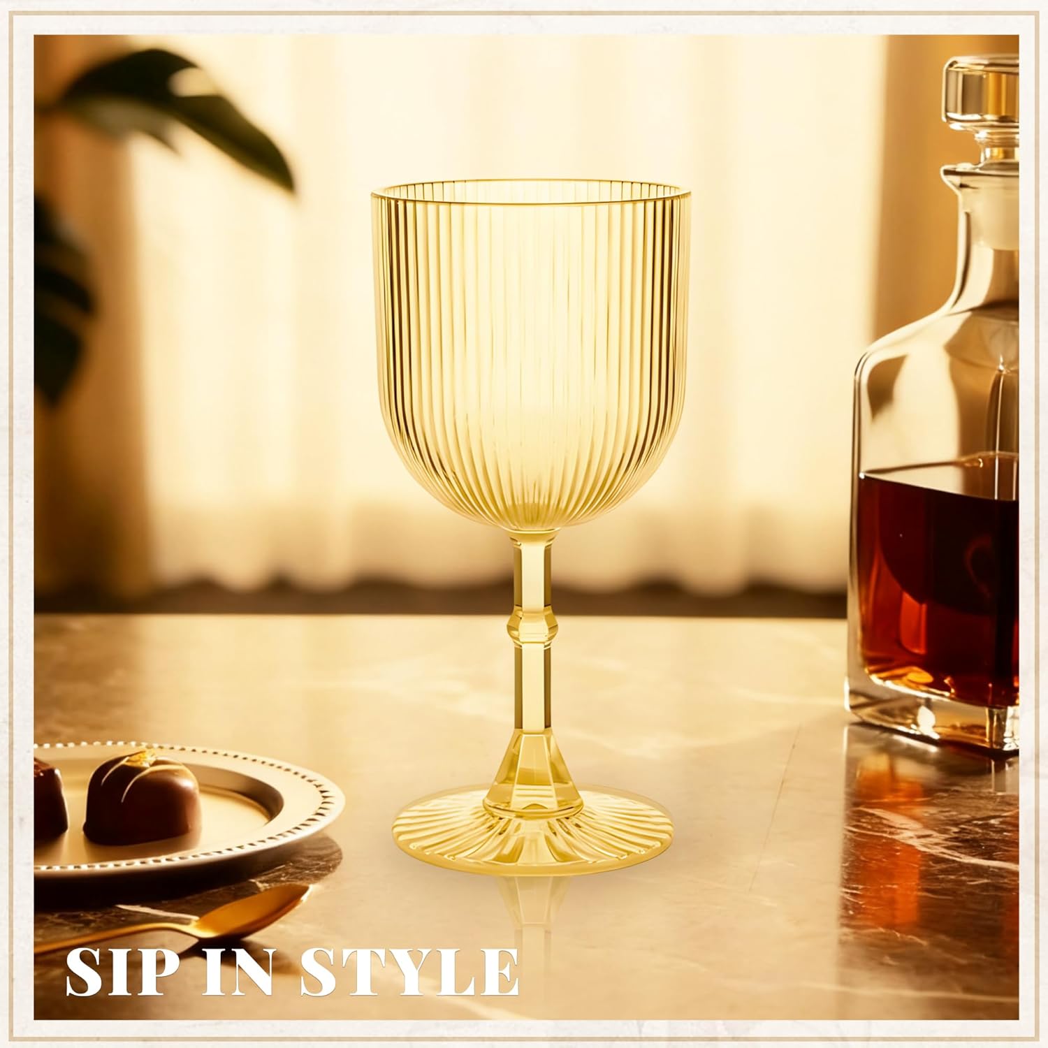 Gold Plastic Wine Glasses 9oz Set of 12, Ribbed Vintage Goblets Unbreakable Reusable BPA-Free Stemmed Drinking Glasses for Parties, Weddings & Events