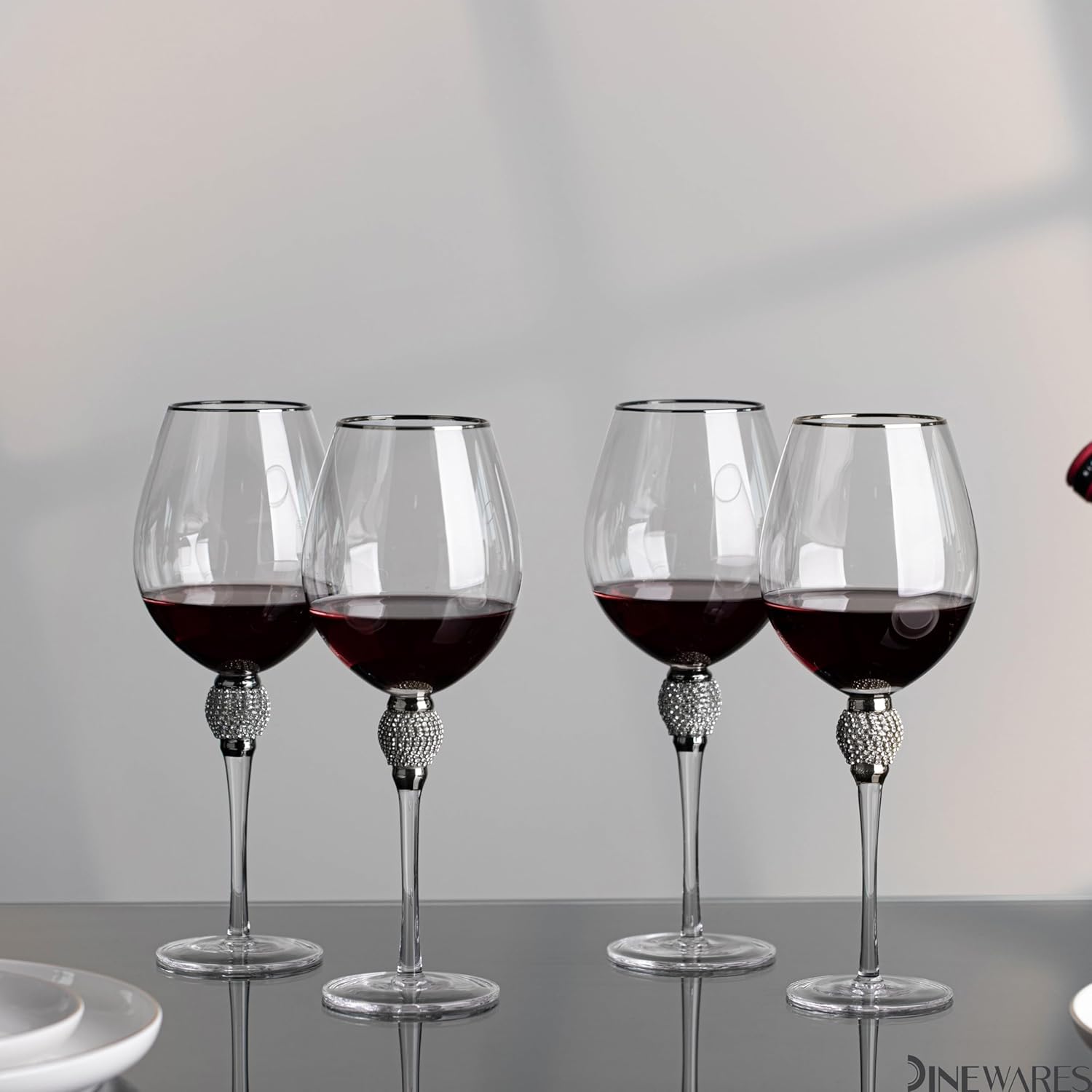 Rimmed Red Wine Glasses with Diamond Rhinestone Accent 18 oz, 10 Inches Tall Perfect Toasting Glasses for Bride and Groom Great for Party Wedding Anniversary and Special Occasion (Silver, Set of 4)