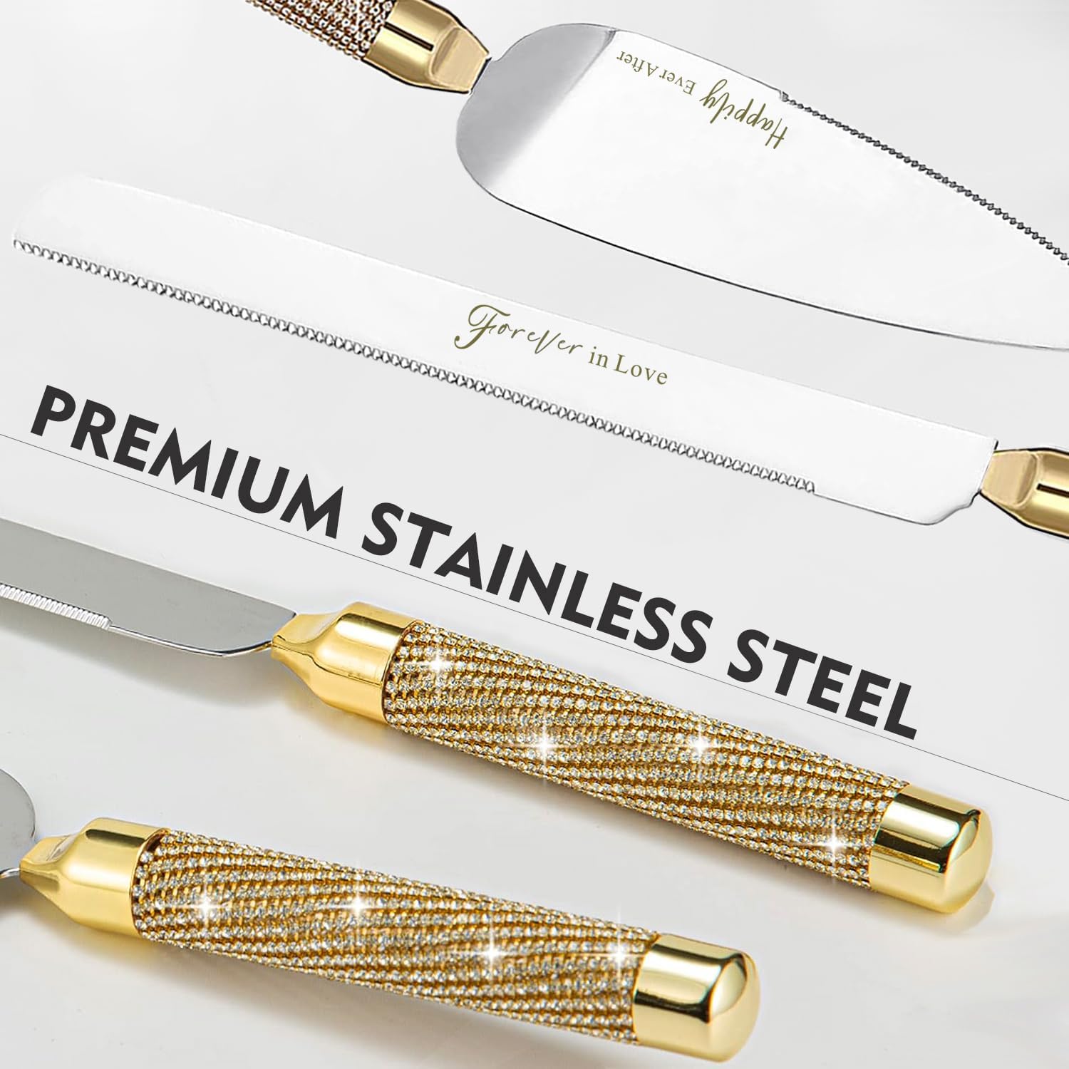 ROXBURGH Wedding Cake Knife and Server Set, Champagne Flutes, Gold Bride and Groom Toasting Glasses, Mr and Mrs Forks, Cake Cutting Set for Engagement