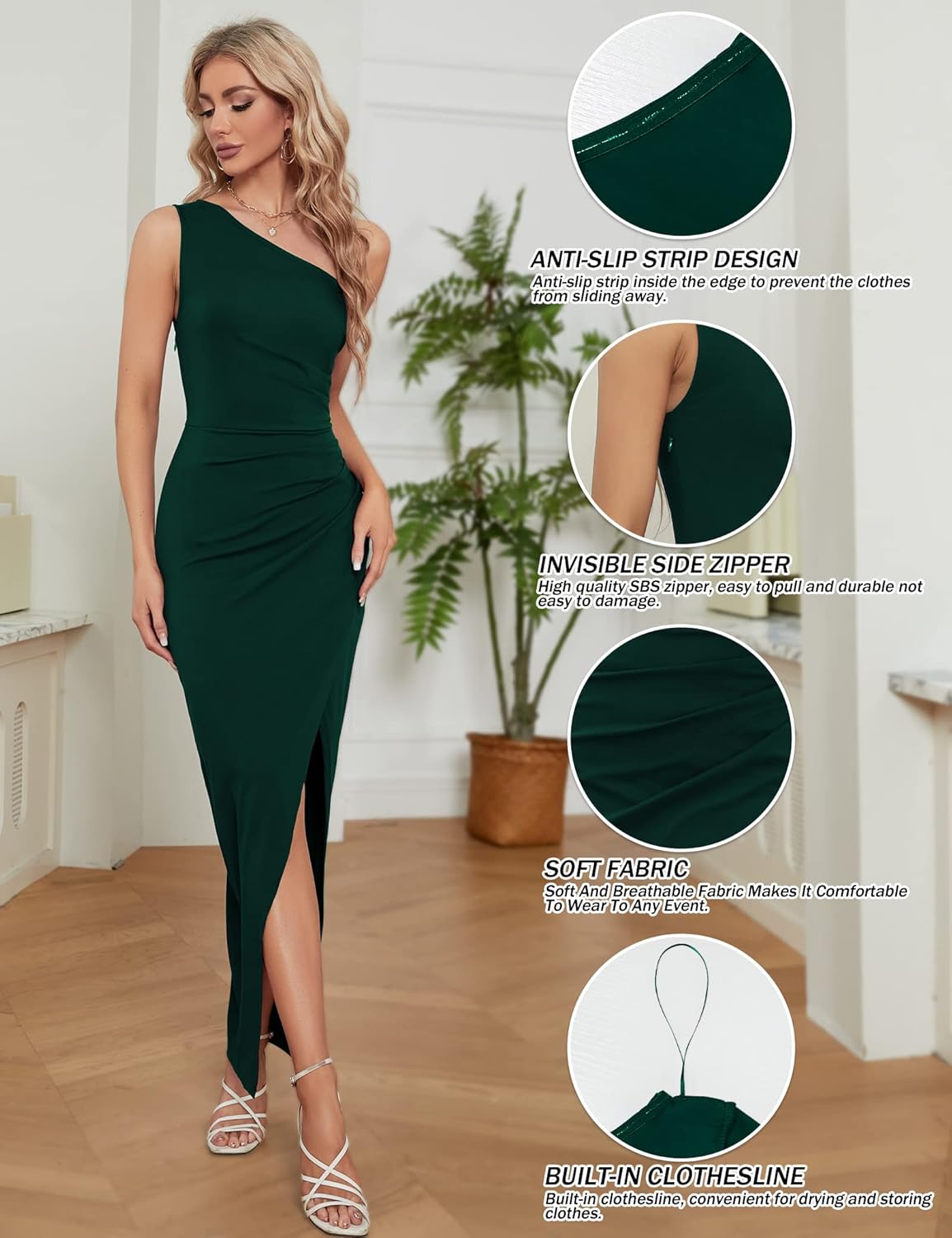 Sarin Mathews Womens One Shoulder Long Formal Dress Sexy Summer Sleeveless Bodycon Ruched Wrap Split Cocktail Dresses