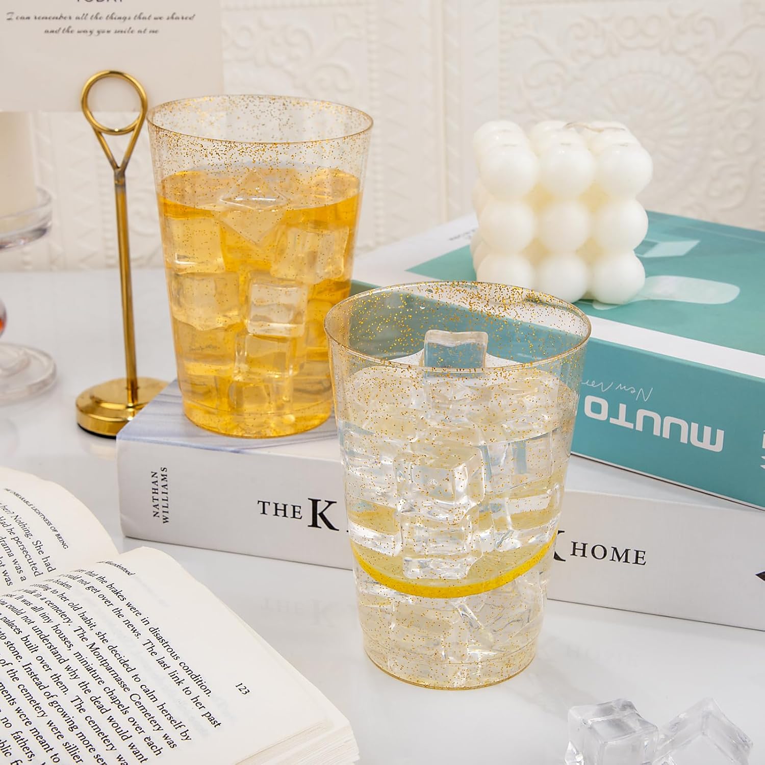 I00000 200 Pack 12 oz Gold Glitter Plastic Cups, Clear Disposable Cups, Disposable Plastic Wine Glasses Cocktail Glasses Premium Cups, 12 Ounce Glitter Tumblers for Party & Wedding