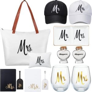 Bonuci 13 Pcs Wedding Mr and Mrs Gifts Set Include Bride and Groom Hats, Stemless Wine Glasses, Passport Holder Luggage Tags, Mrs Canvas Tote Bag with Makeup Bag, Ring Dish Heart Shape Glass Jar Gifts
