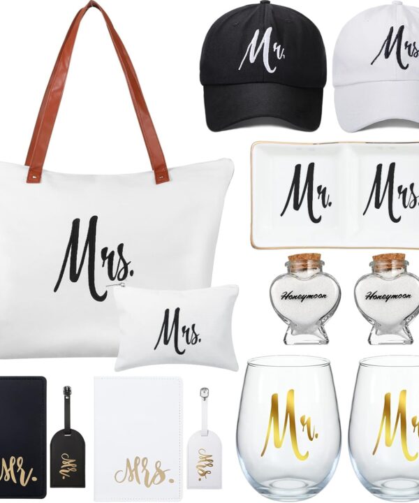 Bonuci 13 Pcs Wedding Mr and Mrs Gifts Set Include Bride and Groom Hats, Stemless Wine Glasses, Passport Holder Luggage Tags, Mrs Canvas Tote Bag with Makeup Bag, Ring Dish Heart Shape Glass Jar Gifts