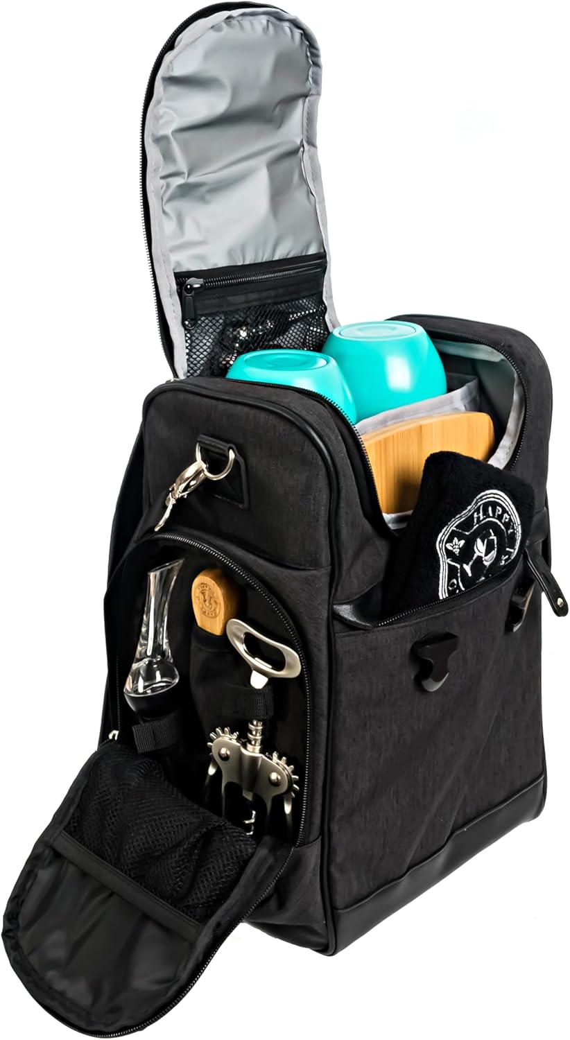 Happy Grapes Wine Tote Bag Set – Insulated Wine Carrier with 2 Stainless Steel Tumblers, Aerator, Charcuterie Board & Knife, Bottle Stoppers, Opener & Wash Cloth – for Picnics Beach Patio Pool Camp t