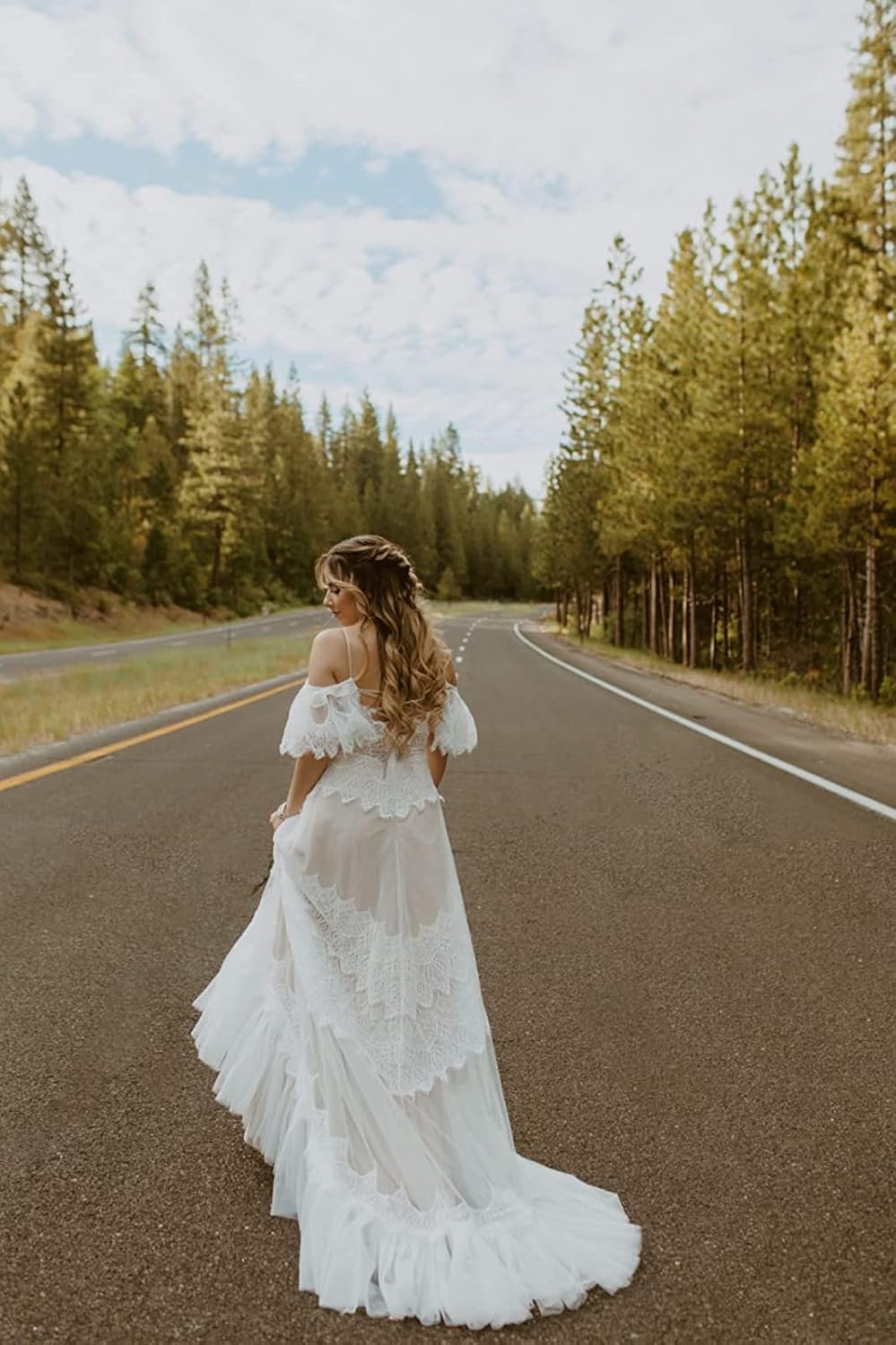 Women’s Wedding Dresses Chic Lace Evening Dresses V Neck Ruffle Sleeves Beachy Boho Outdoorsy Wedding Gowns